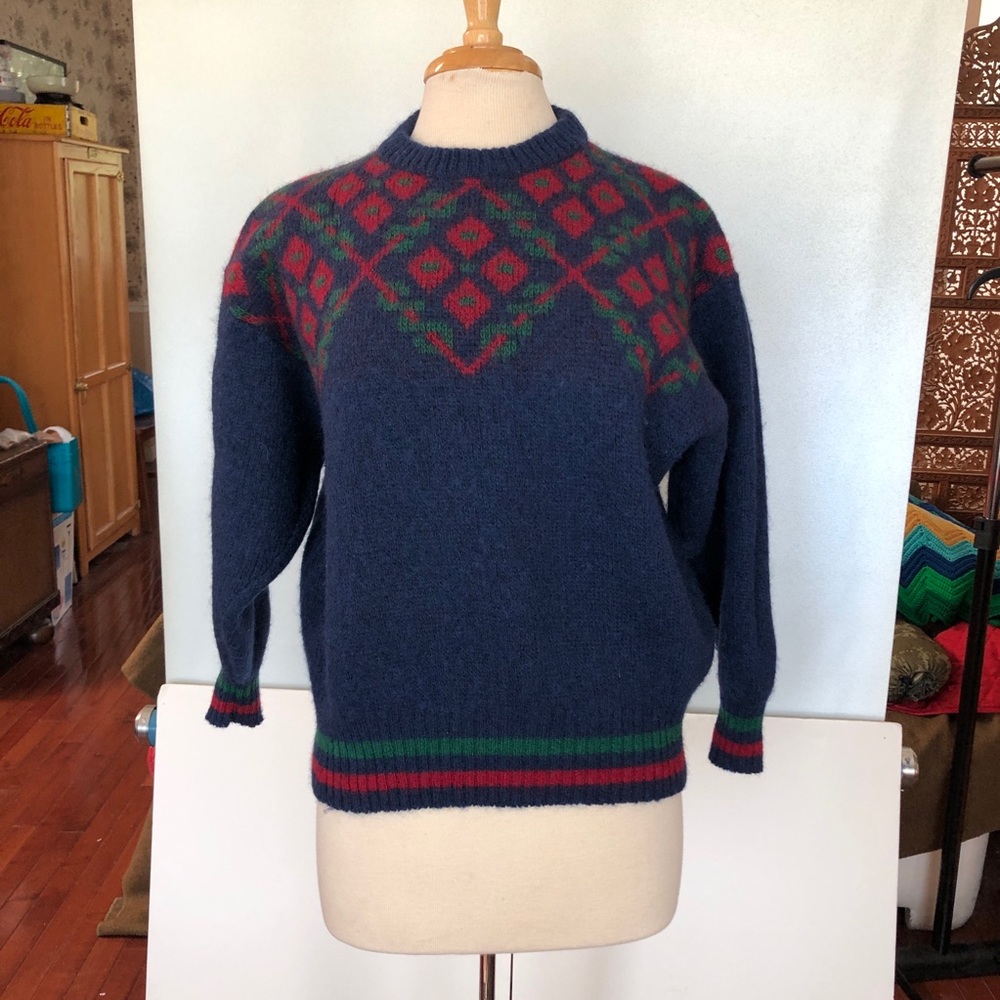 Vintage Alafoss Icelandic pattern sweater wool blue size Medium